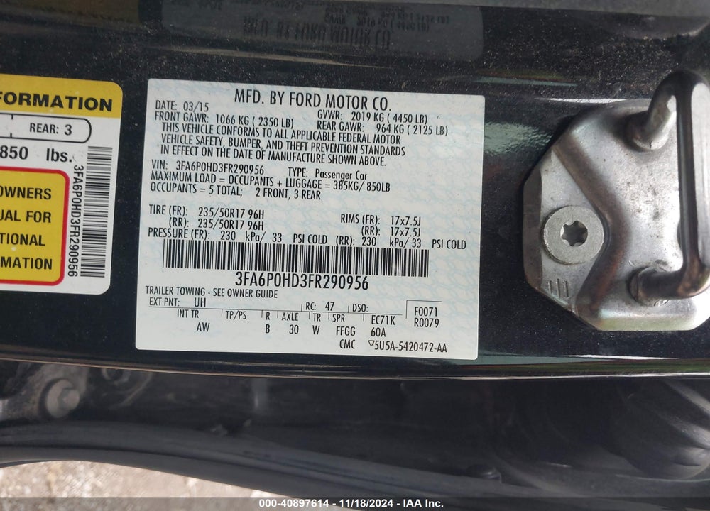 2015 FORD FUSION SE VIN: 3FA6P0HD3FR290956