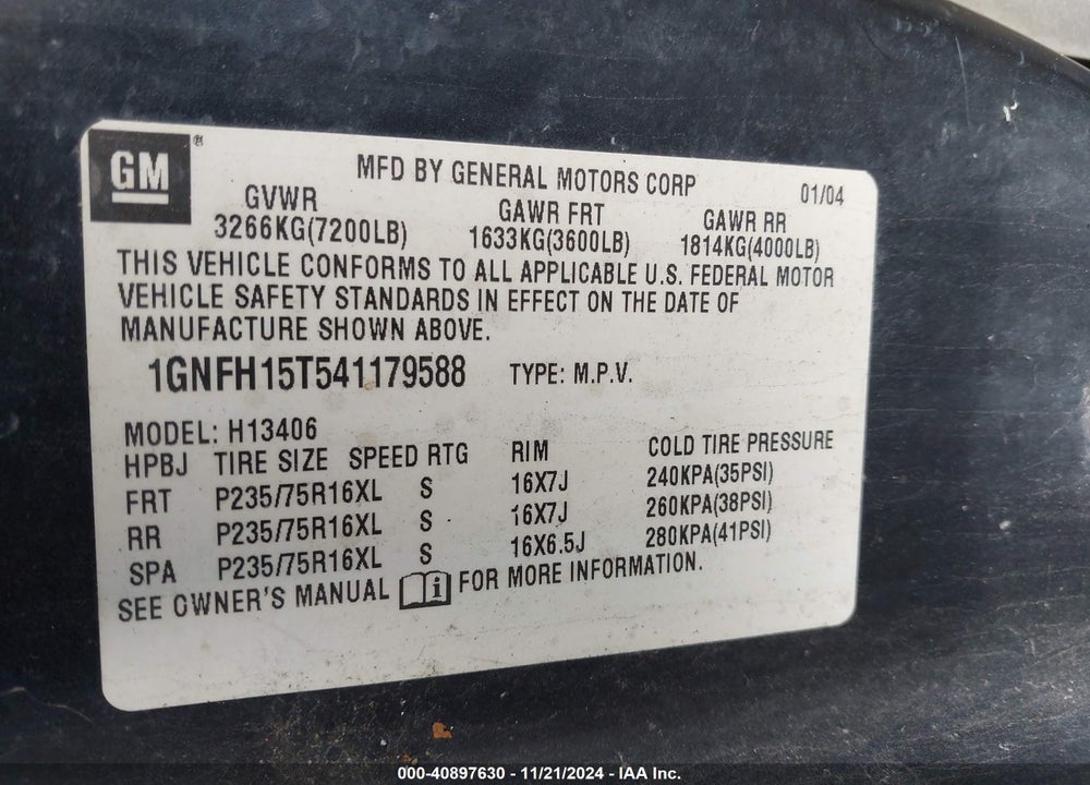 2004 CHEVROLET EXPRESS VIN: 1GNFH15T541179588
