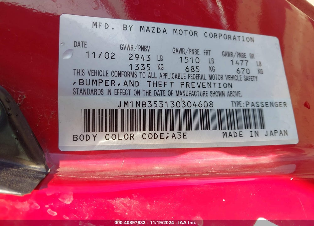 2003 MAZDA MX-5 MIATA CLOTH/LS/SE/SHINSEN VIN: JM1NB353130304608