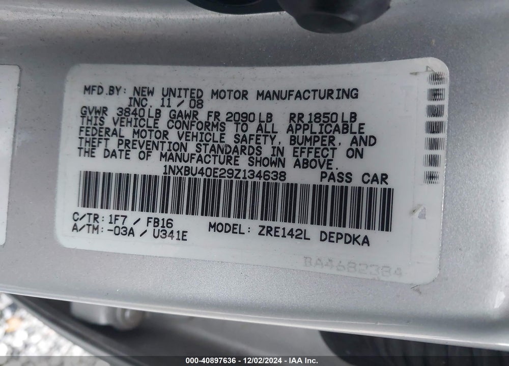 2009 TOYOTA COROLLA LE VIN: 1NXBU40E29Z134638