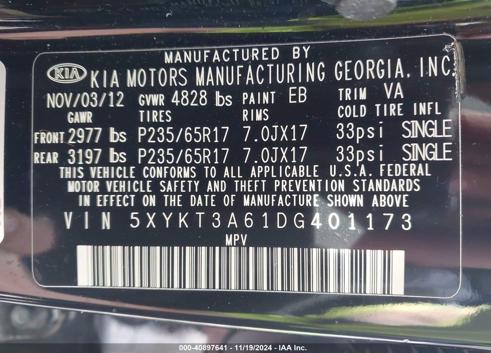 2013 KIA SORENTO LX VIN: 5XYKT3A61DG401173