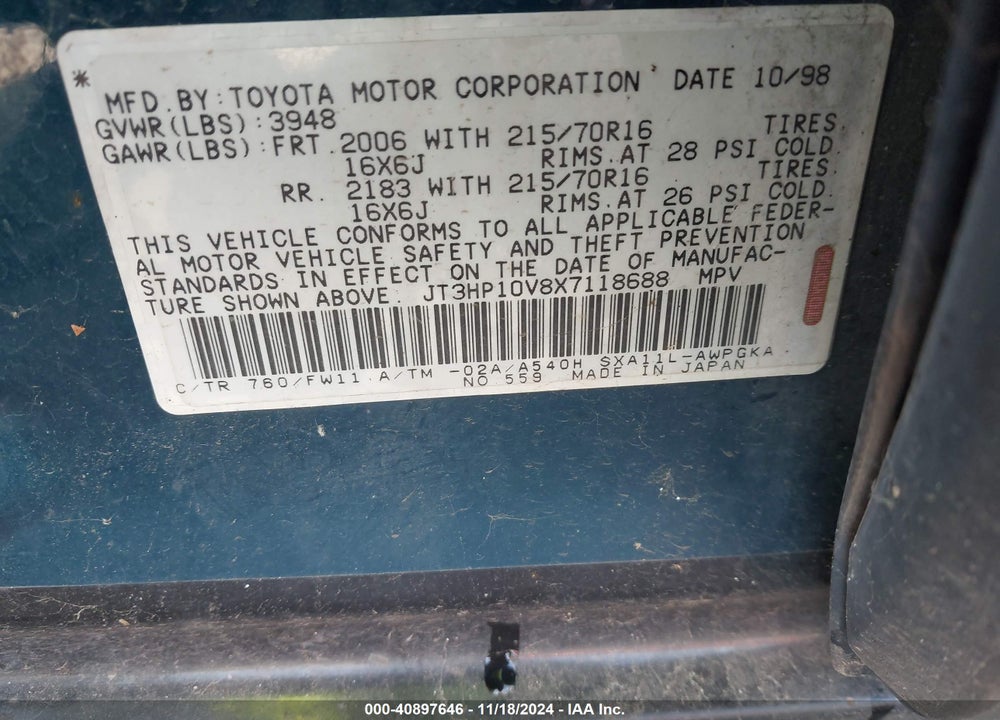 1999 TOYOTA RAV4 VIN: JT3HP10V8X7118688