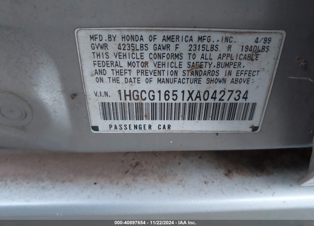 1999 HONDA ACCORD EX V6 VIN: 1HGCG1651XA042734