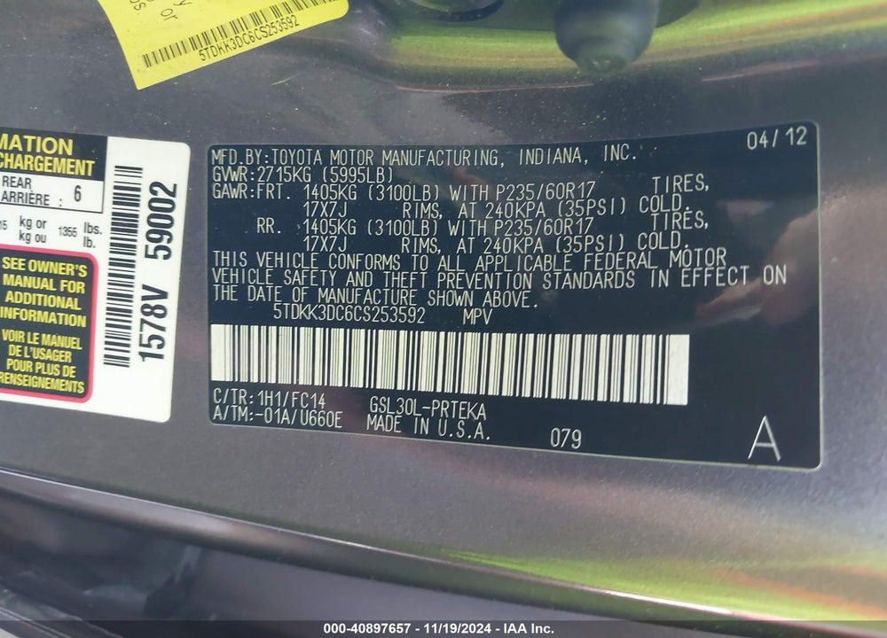 2012 TOYOTA SIENNA LE V6 8 PASSENGER VIN: 5TDKK3DC6CS253592