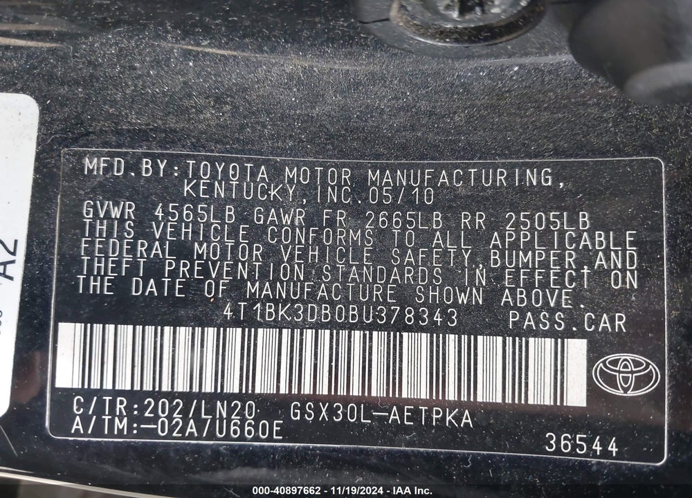 2011 TOYOTA AVALON LIMITED VIN: 4T1BK3DB0BU378343