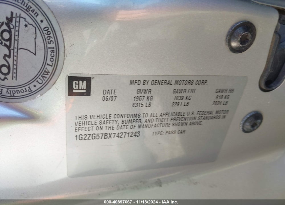 2007 PONTIAC G6 VIN: 1G2ZG57BX74271243