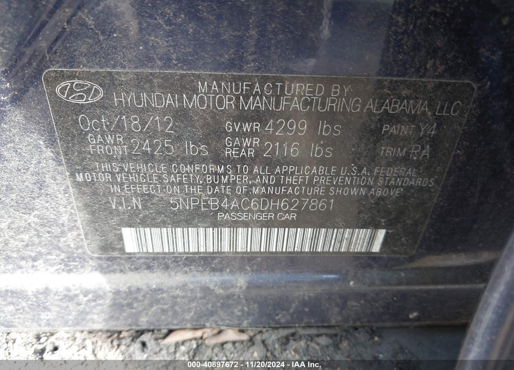 2013 HYUNDAI SONATA GLS VIN: 5NPEB4AC6DH627861