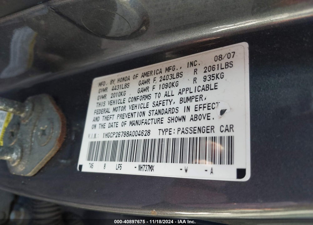 2008 HONDA ACCORD 2.4 EX VIN: 1HGCP26798A004628