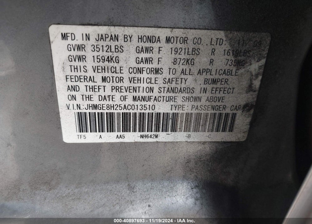 2010 HONDA FIT VIN: JHMGE8H25AC013510