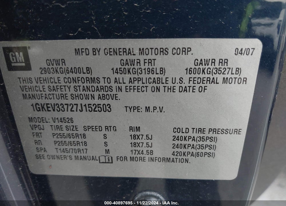 2007 GMC ACADIA SLT-1 VIN: 1GKEV33727J152503