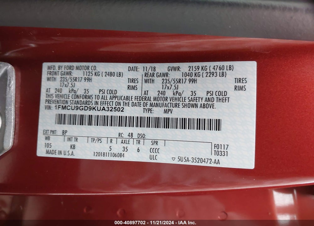2019 FORD ESCAPE SE VIN: 1FMCU9GD9KUA32502