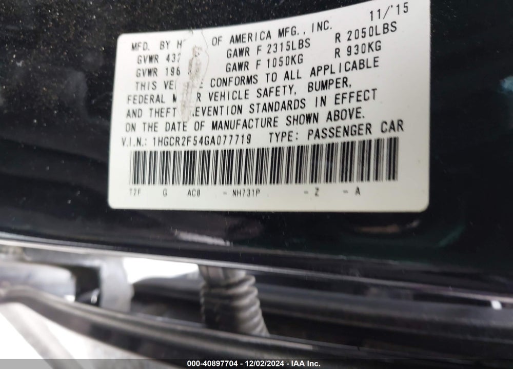 2016 HONDA ACCORD SPORT VIN: 1HGCR2F54GA077719
