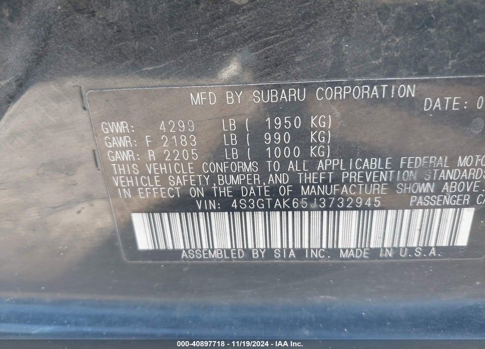 2018 SUBARU IMPREZA 2.0I SPORT VIN: 4S3GTAK65J3732945