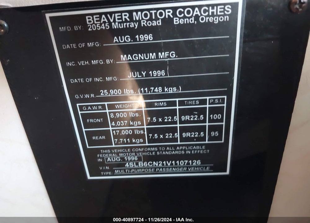 1997 BEAVER COA MONTEREY VIN: 4SLB6CN21V1107126