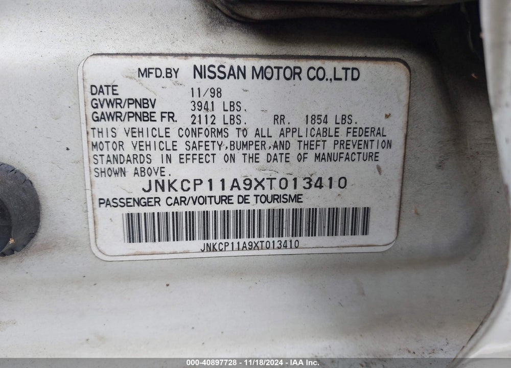 1999 INFINITI G20 STANDARD/TOURING VIN: JNKCP11A9XT013410