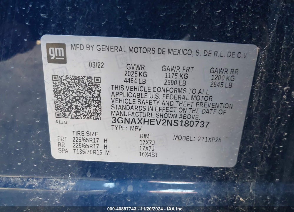 2022 CHEVROLET EQUINOX FWD LS VIN: 3GNAXHEV2NS180737