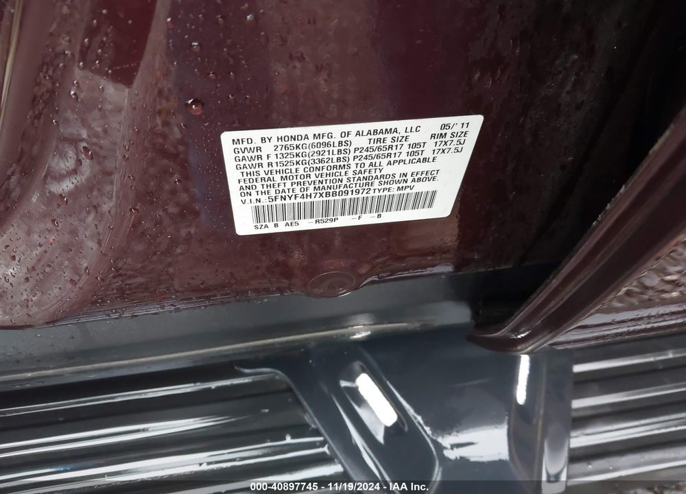 2011 HONDA PILOT EX-L VIN: 5FNYF4H7XBB091972