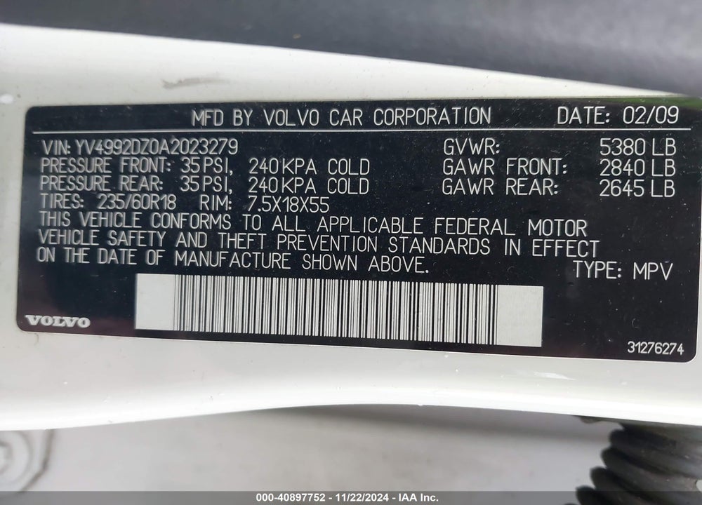 2010 VOLVO XC60 T6/T6 R-DESIGN VIN: YV4992DZ0A2023279