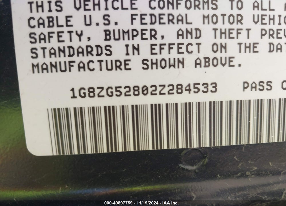 2002 SATURN S-SERIES SL1 VIN: 1G8ZG52802Z284533