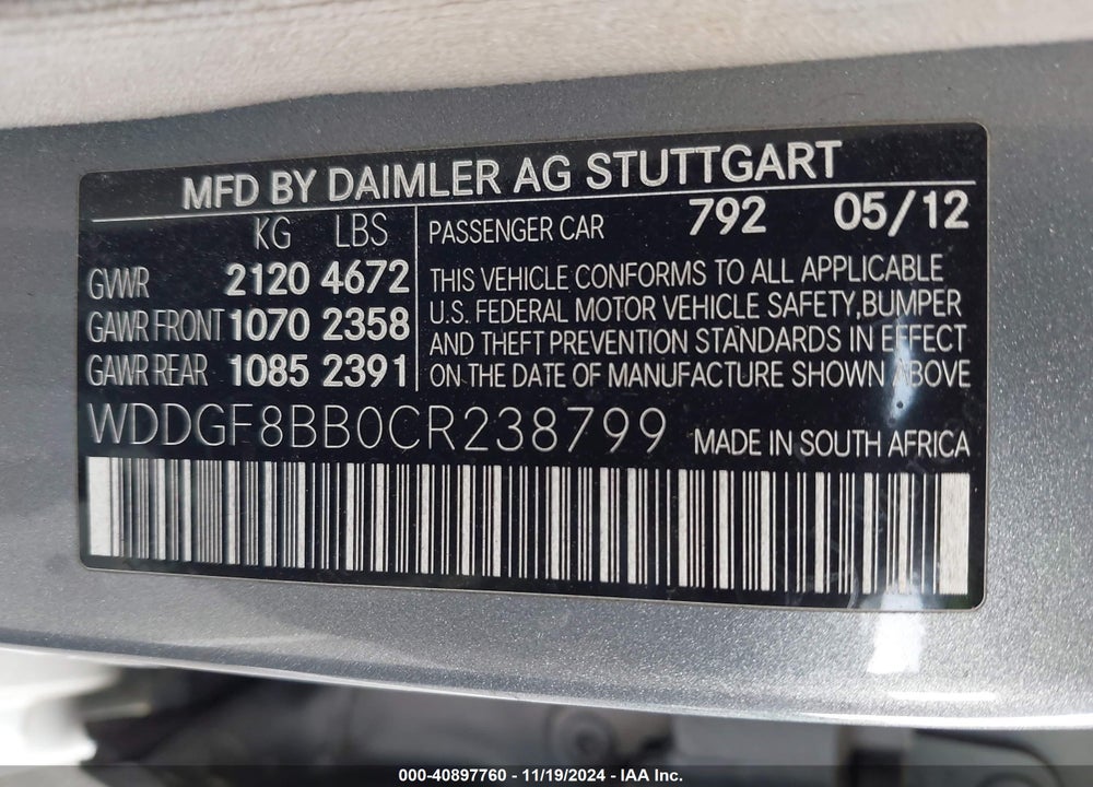 2012 MERCEDES-BENZ C 300 LUXURY 4MATIC/SPORT 4MATIC VIN: WDDGF8BB0CR238799