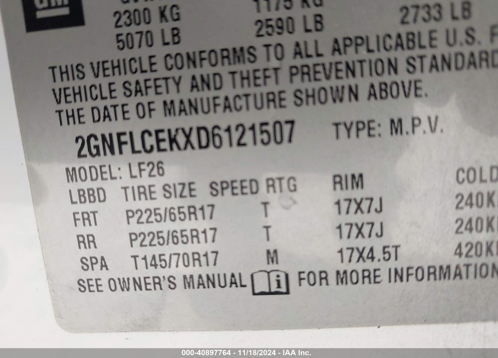2013 CHEVROLET EQUINOX LS VIN: 2GNFLCEKXD6121507