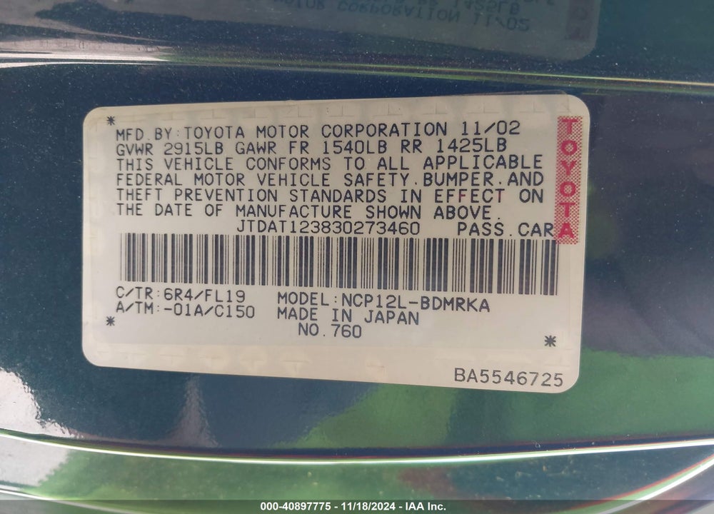 2003 TOYOTA ECHO VIN: JTDAT123830273460
