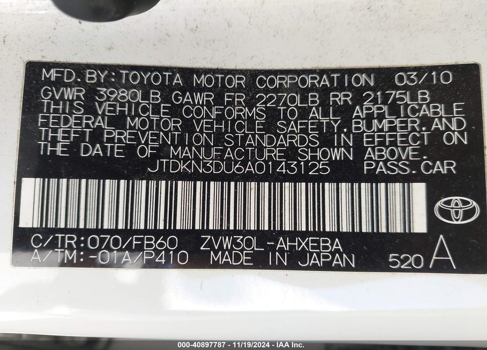 2010 TOYOTA PRIUS II VIN: JTDKN3DU6A0143125