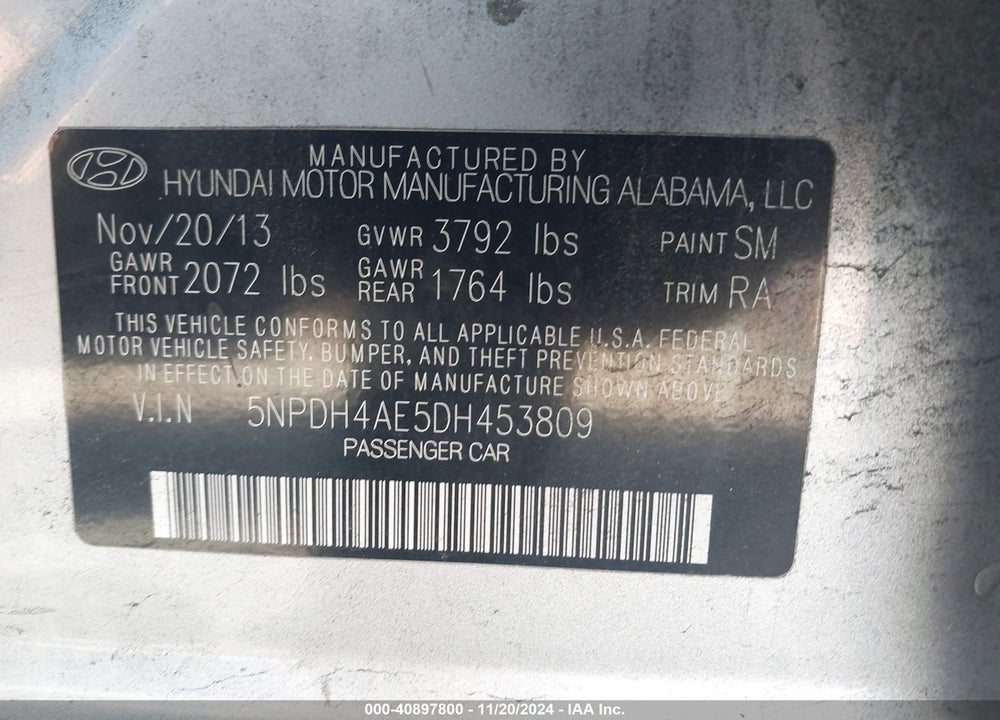 2013 HYUNDAI ELANTRA VIN: 5NPDH4AE5DH453809