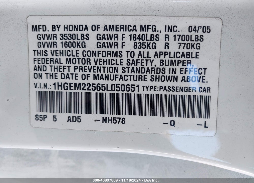 2005 HONDA CIVIC LX VIN: 1HGEM22565L050651