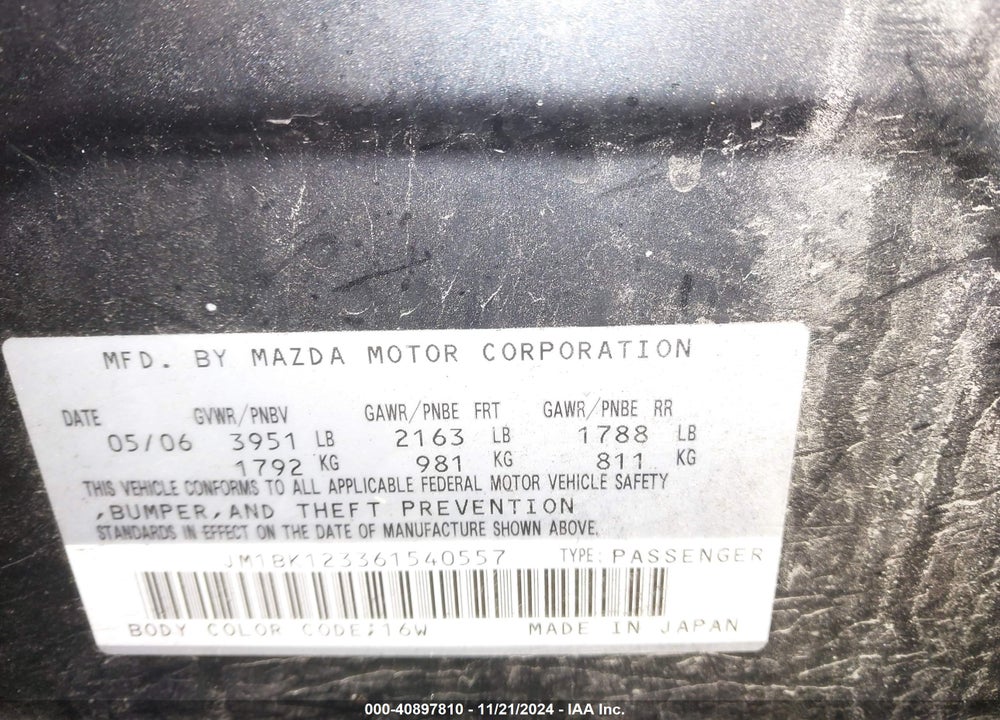 2006 MAZDA 3 S VIN: JM1BK123361540557