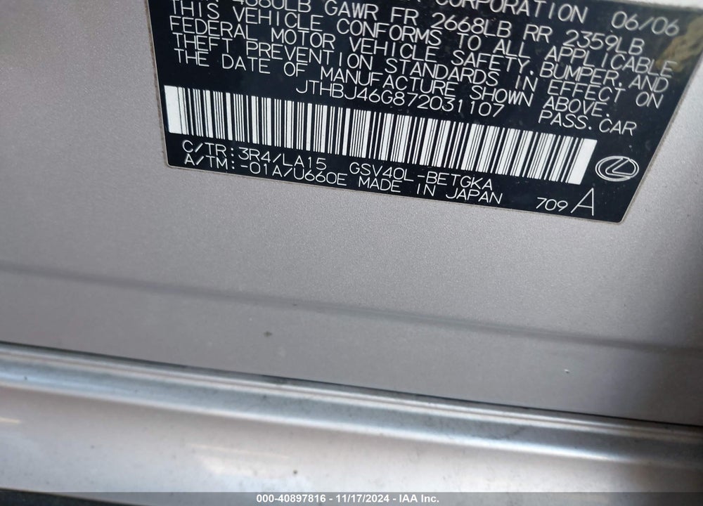 2007 LEXUS ES 350 VIN: JTHBJ46G872031107