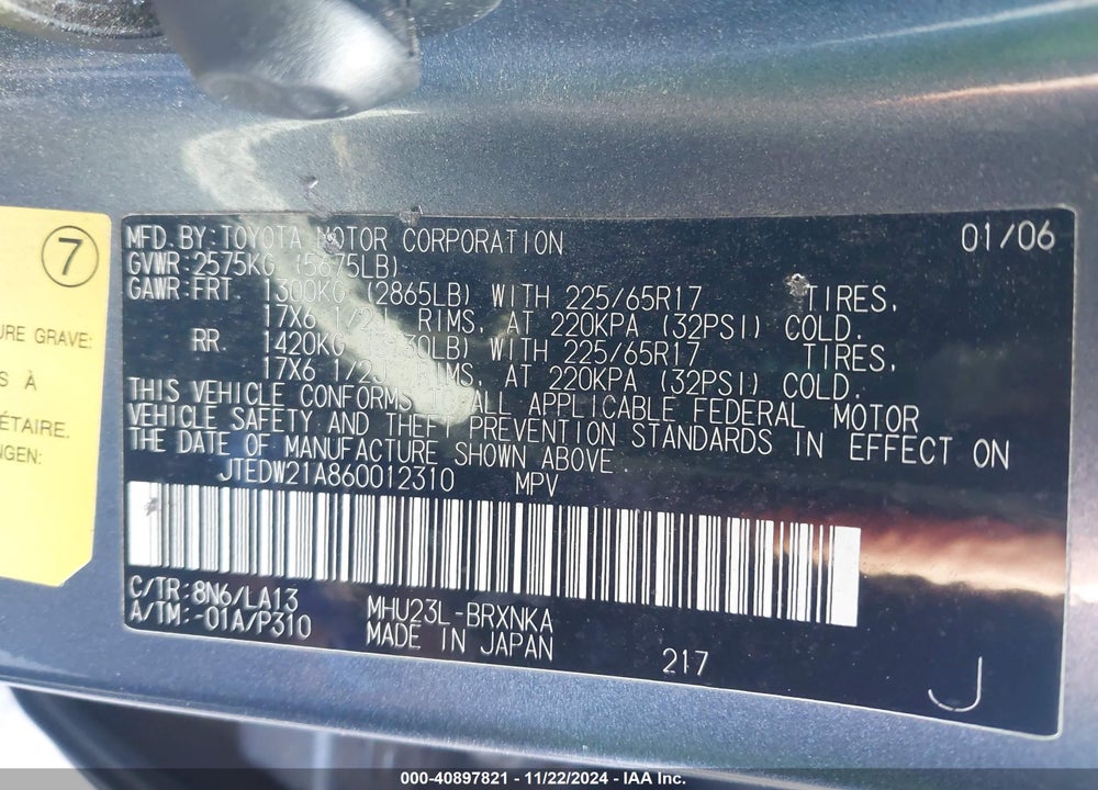 2006 TOYOTA HIGHLANDER HYBRID LIMITED V6 VIN: JTEDW21A860012310