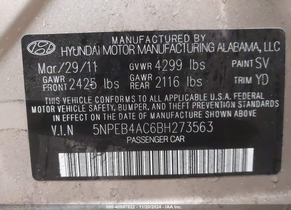 2011 HYUNDAI SONATA GLS VIN: 5NPEB4AC6BH273563