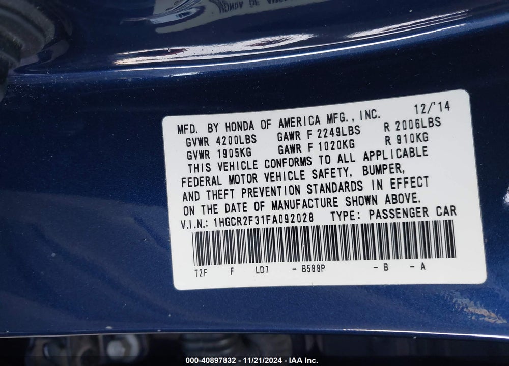 2015 HONDA ACCORD LX VIN: 1HGCR2F31FA092028