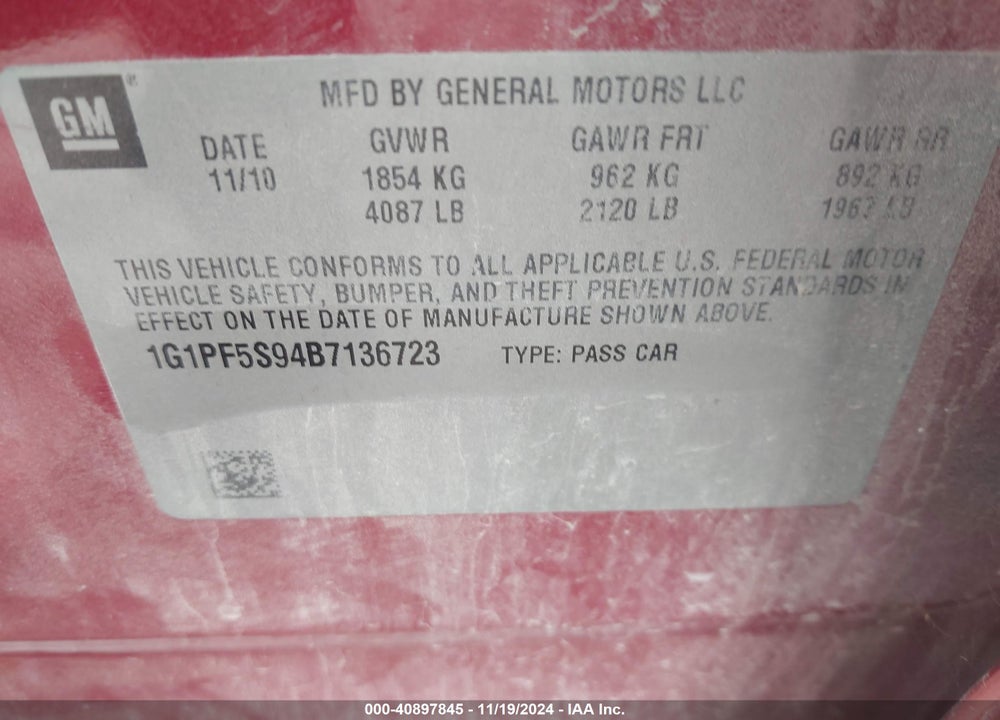 2011 CHEVROLET CRUZE 1LT VIN: 1G1PF5S94B7136723