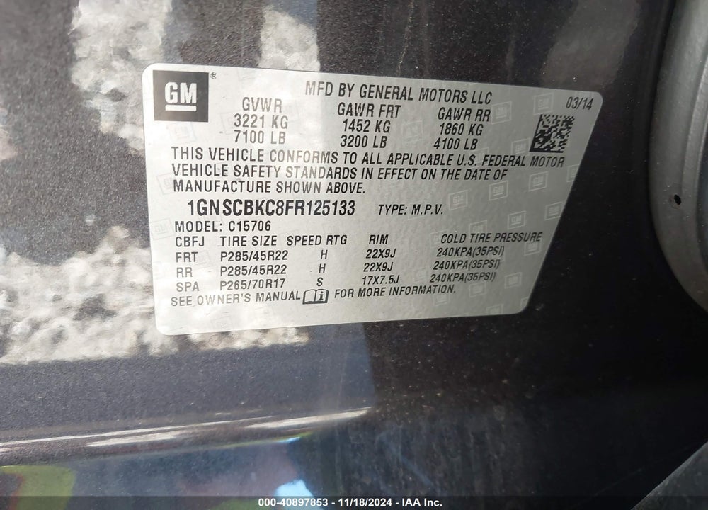 2015 CHEVROLET TAHOE LT VIN: 1GNSCBKC8FR125133