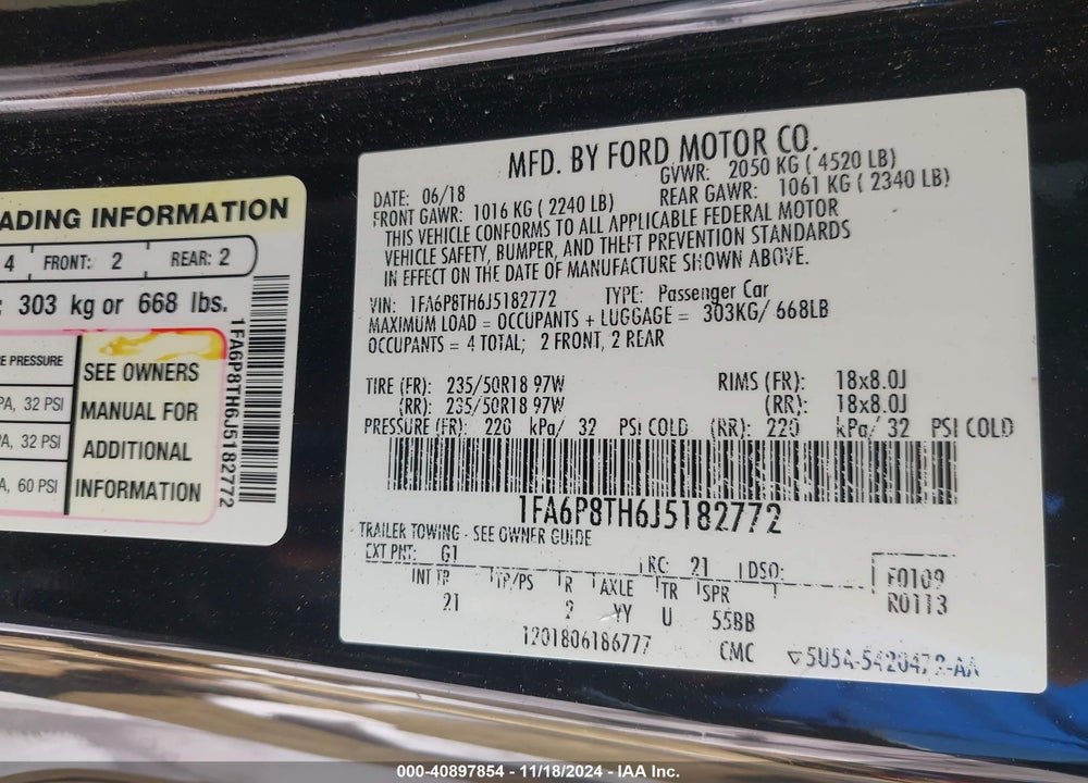 2018 FORD MUSTANG VIN: 1FA6P8TH6J5182772