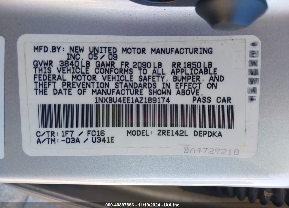 2010 TOYOTA COROLLA LE VIN: 1NXBU4EE1AZ189174