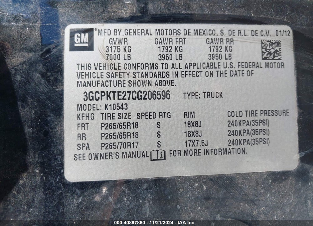 2012 CHEVROLET SILVERADO 1500 LTZ VIN: 3GCPKTE27CG206596