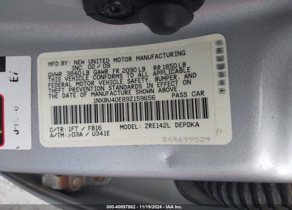 2009 TOYOTA COROLLA LE VIN: 1NXBU40E89Z159656