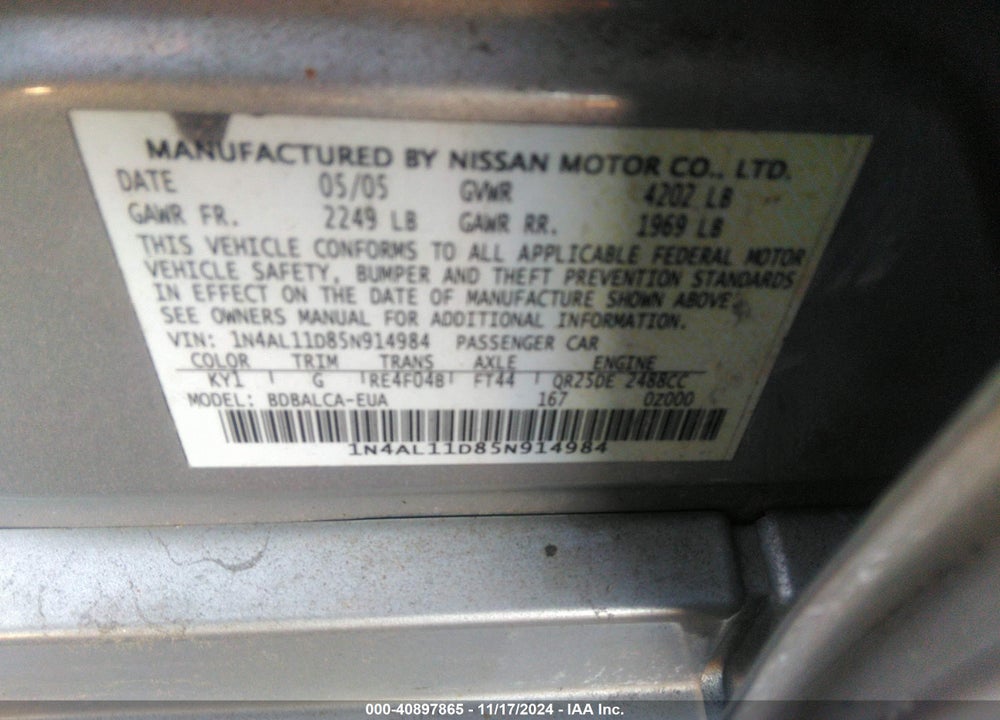 2005 NISSAN ALTIMA 2.5 S VIN: 1N4AL11D85N914984