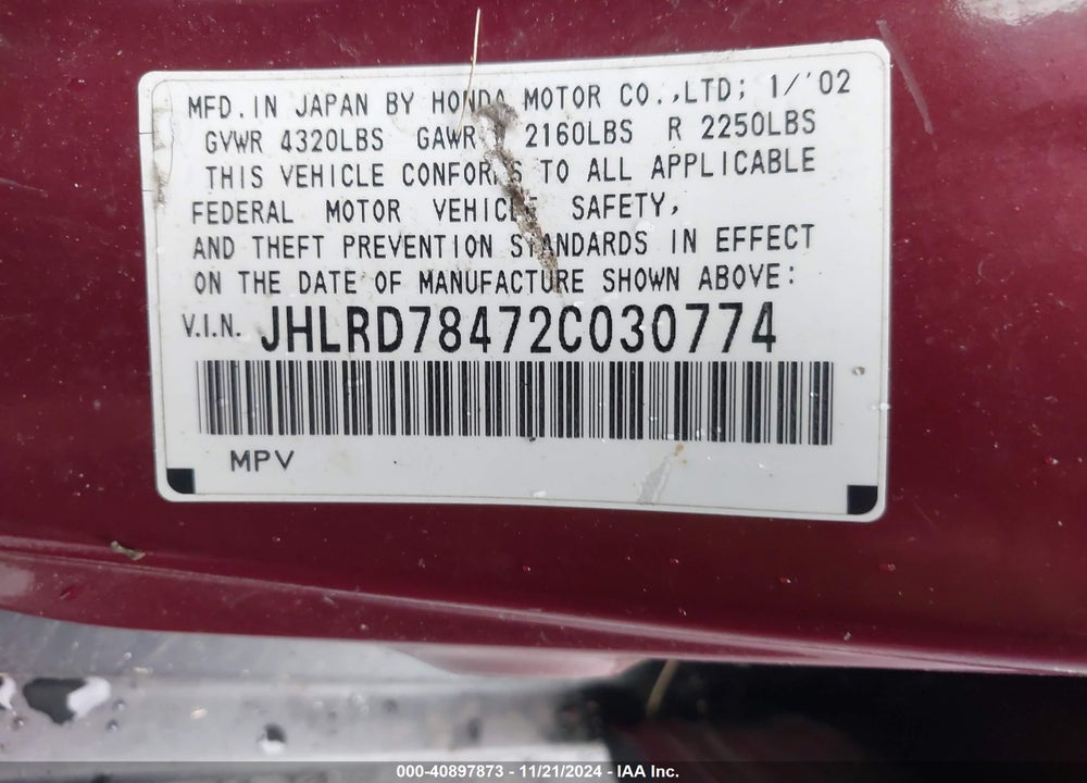 2002 HONDA CR-V LX VIN: JHLRD78472C030774