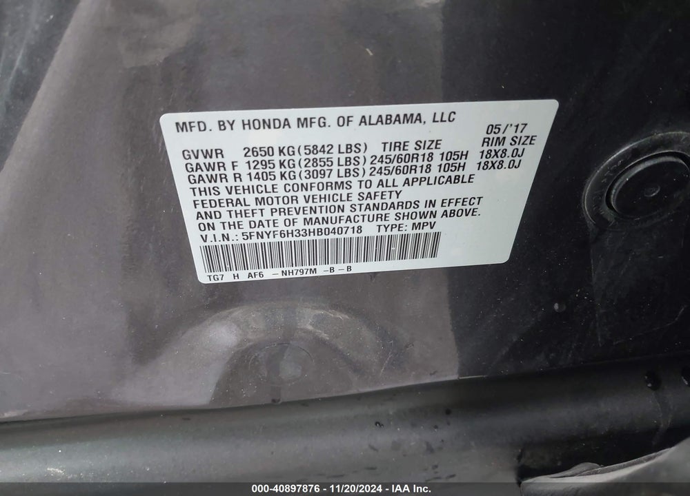 2017 HONDA PILOT EX VIN: 5FNYF6H33HB040718