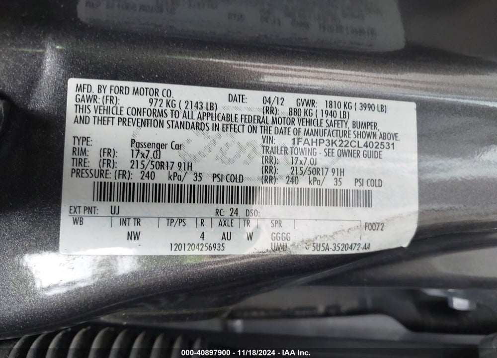 2012 FORD FOCUS SE VIN: 1FAHP3K22CL402531