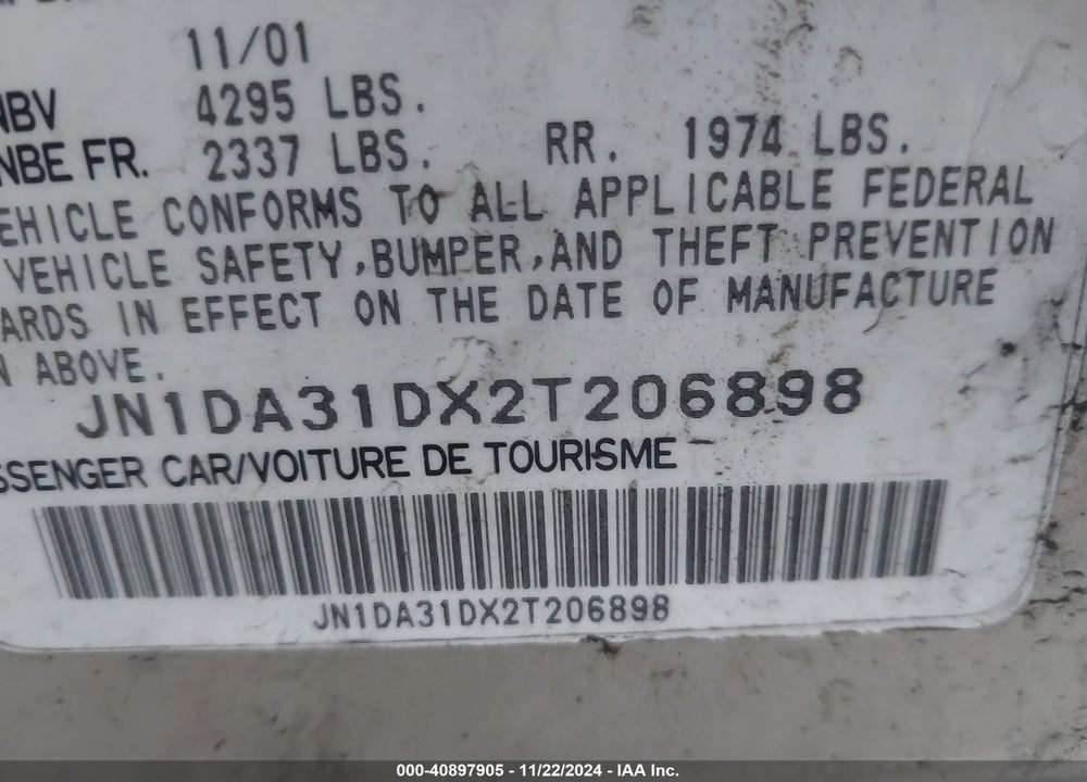 2002 NISSAN MAXIMA SE VIN: JN1DA31DX2T206898