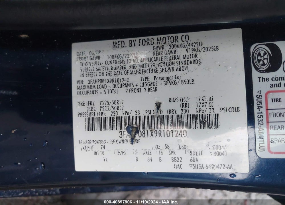 2009 FORD FUSION VIN: 3FAHP081X9R101240