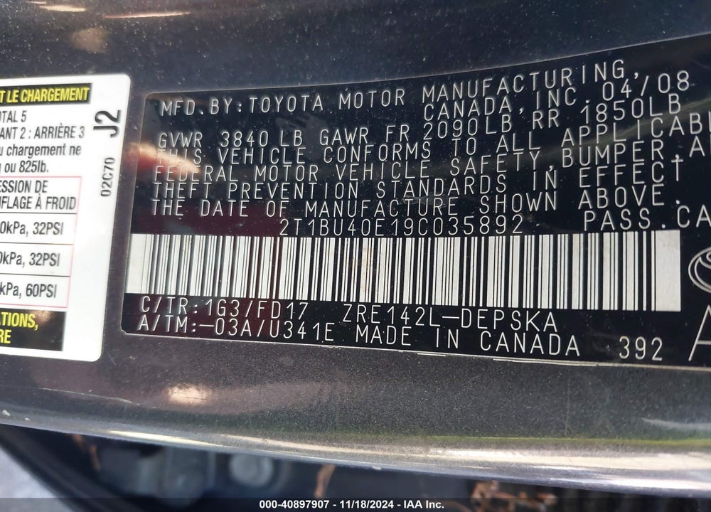 2009 TOYOTA COROLLA S VIN: 2T1BU40E19C035892
