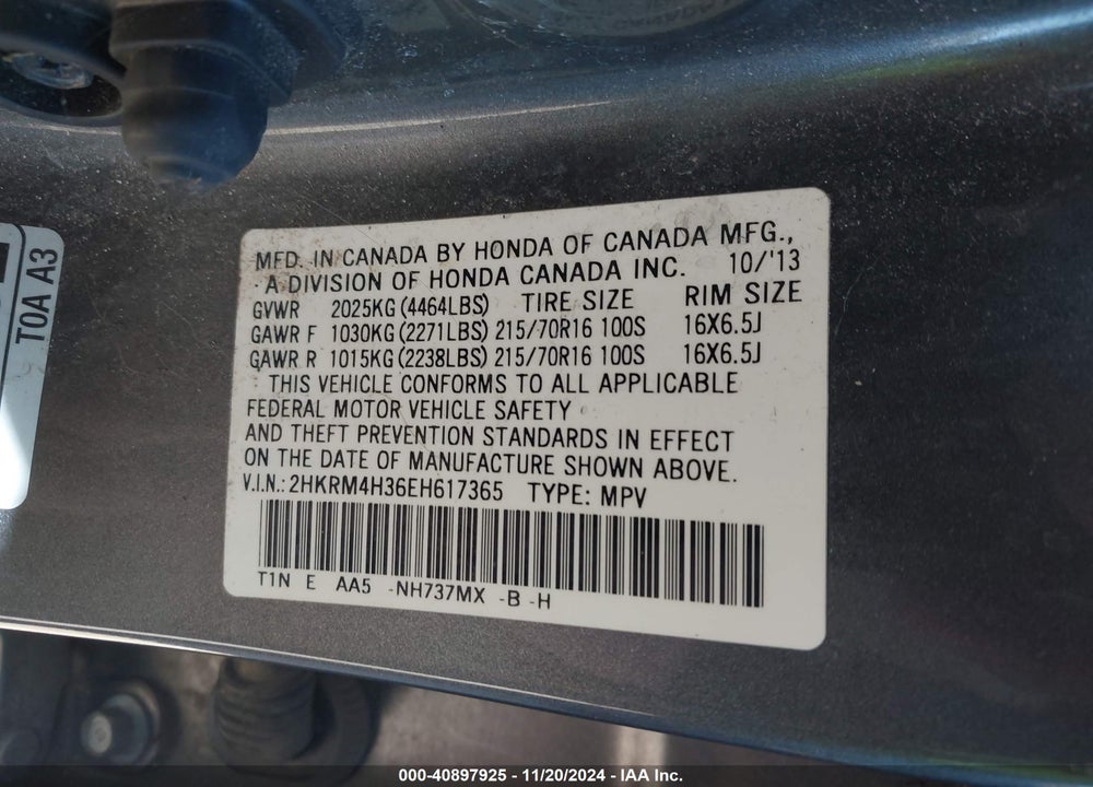2014 HONDA CR-V LX VIN: 2HKRM4H36EH617365