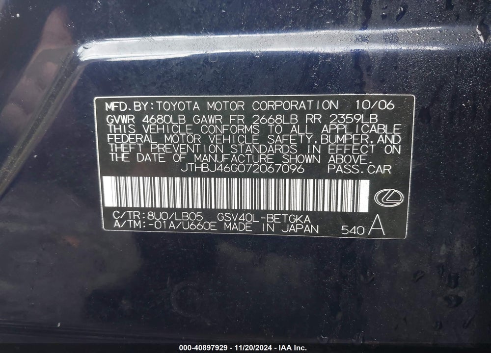 2007 LEXUS ES 350 VIN: JTHBJ46G072067096