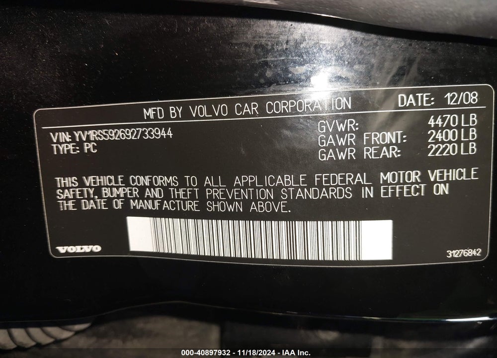 2009 VOLVO S60 2.5T/2.5T SPECIAL EDITION VIN: YV1RS592692733944
